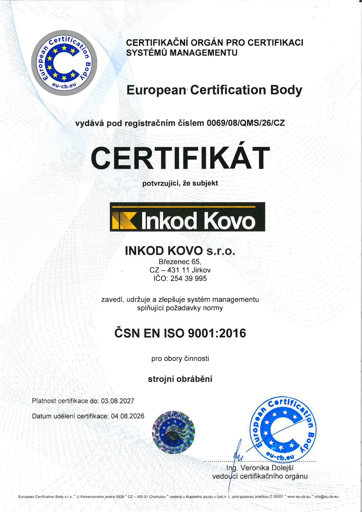 ČSN EN ISO 9001:2016 certificate for machining
